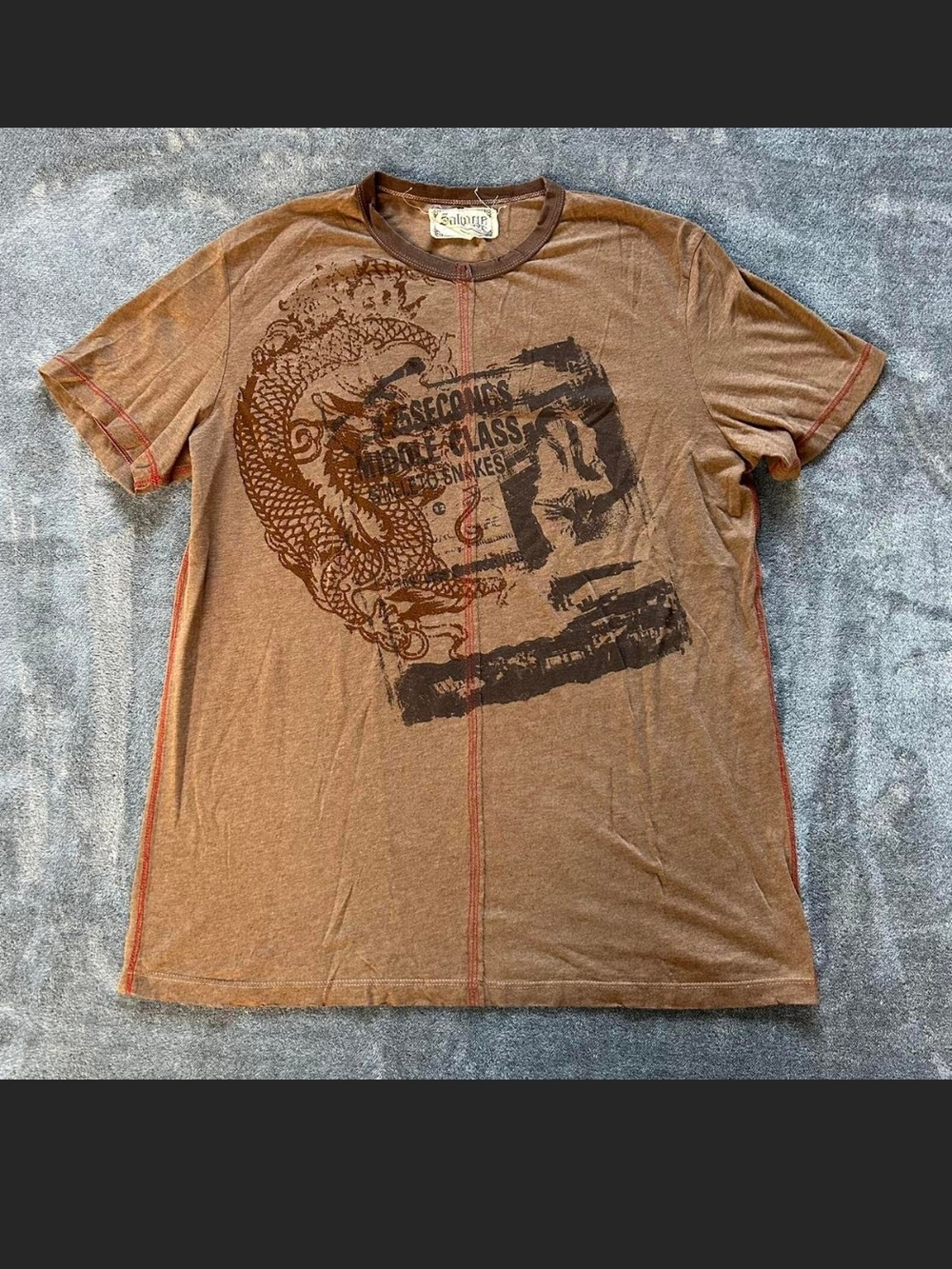 Salvage Vintage Brown Short Sleeve Tee with Dragon Graphics. L